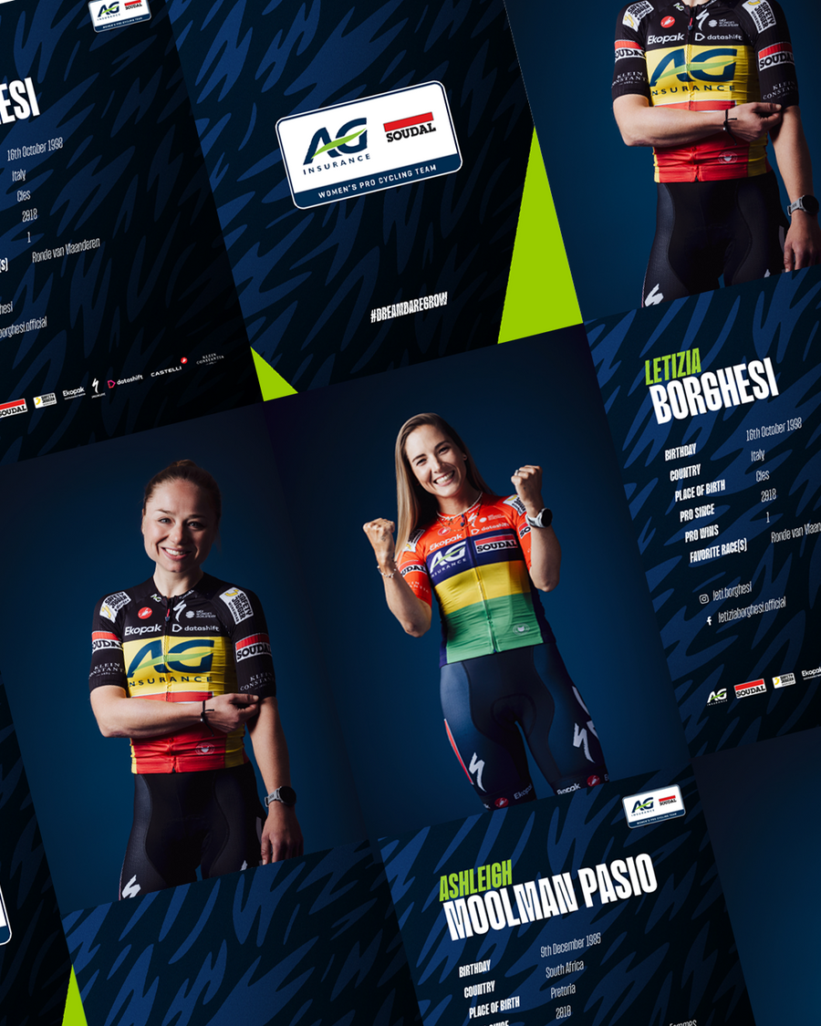 Collage of AG Insurance Soudal Riders photo cards. 