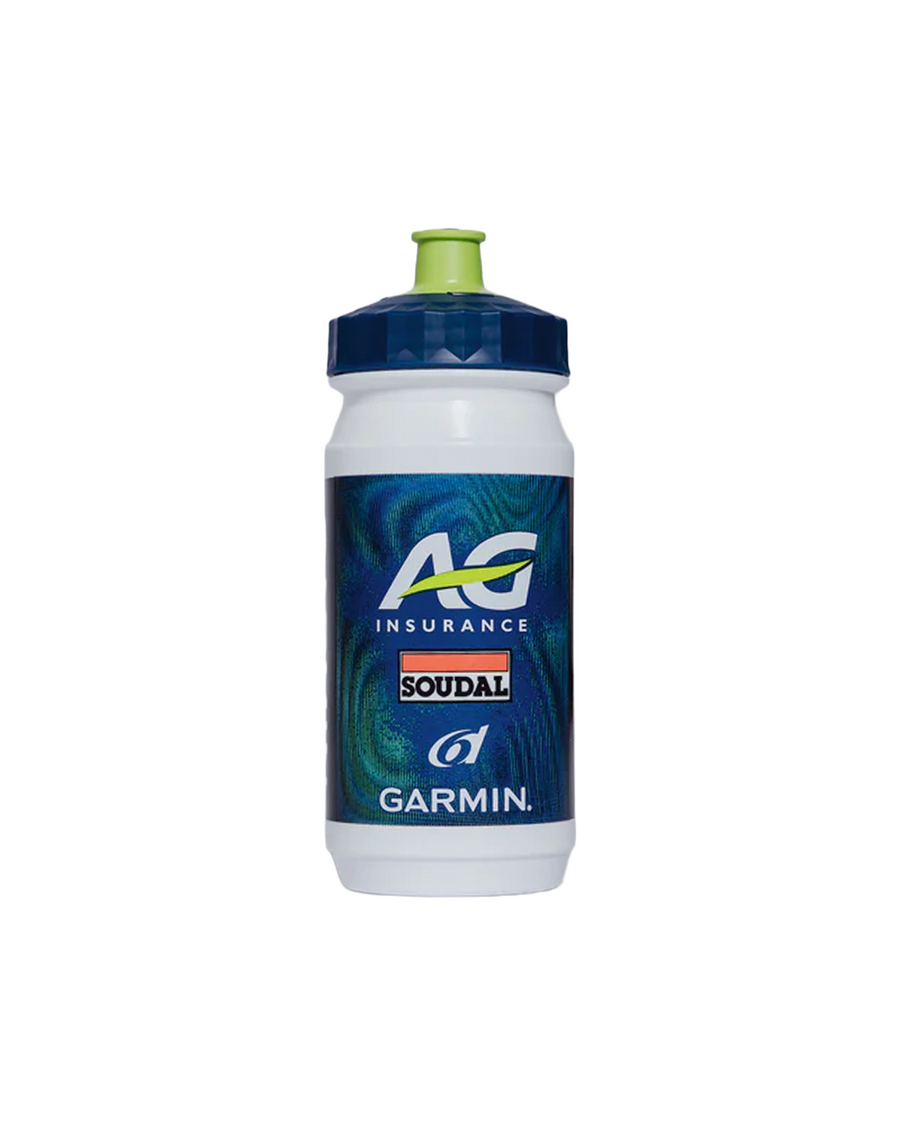 A white water bottle with a dark blue cap and AG Insurance, Soudal, 6d and Garmin logo's shown on a plain white background.