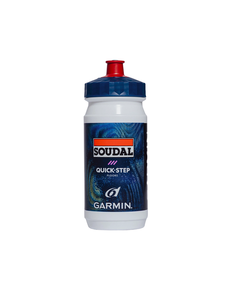 A Soudal Quick-Step water bottle with Garmin, 6d, Quick-Step and Soudal logos shown on a plain white background.