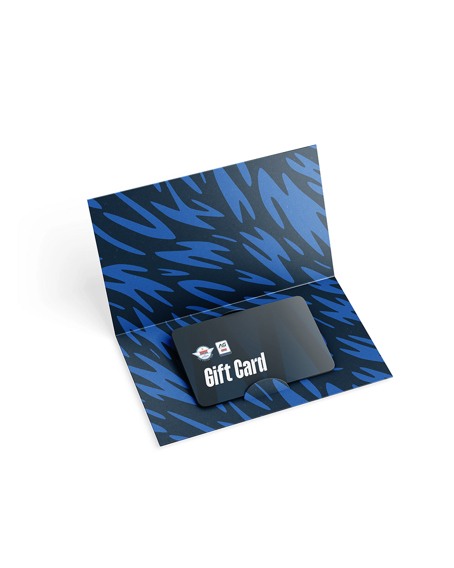 A blue and navy patterned gift card holder containing a black gift card with white text, shown on a clean white background.