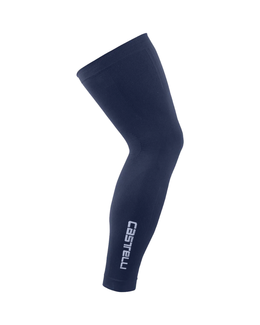 A single navy blue Castelli leg warmer shown on a plain white background.