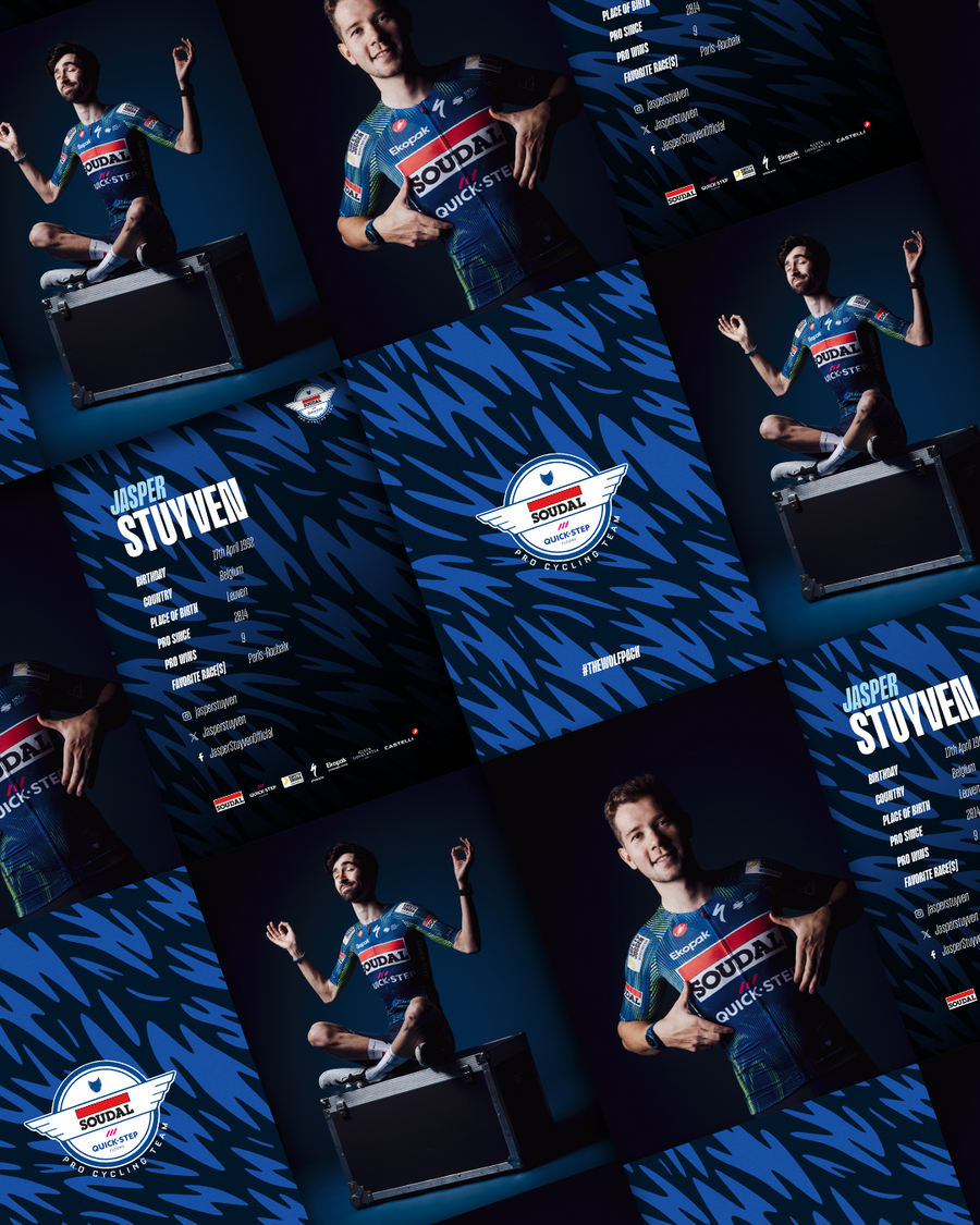 Collage of Soudal Quick-Step photocards with riders and rider information. 