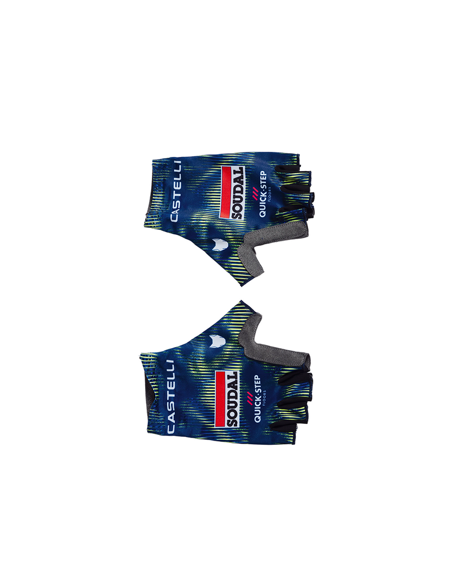 A pair of Castelli Soudal Quick-Step cycling gloves with a blue and green abstract pattern, shown against a plain white background.